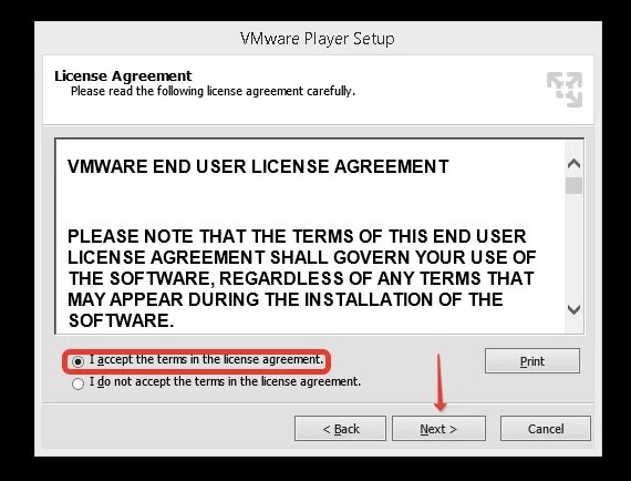 Setting up player. Vmware player.