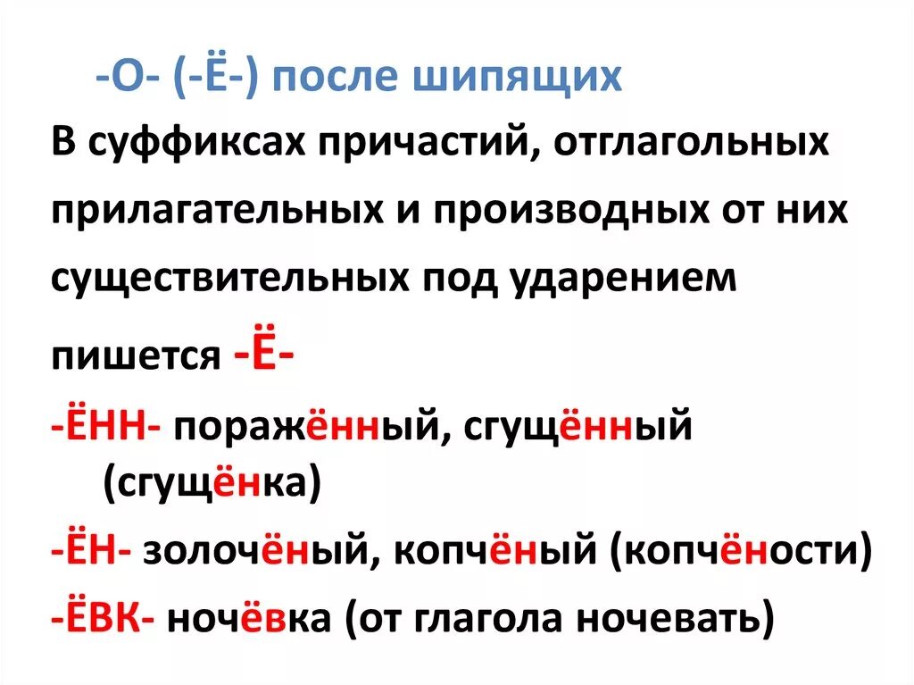 Буква и пишется в суффиксе прилагательного. Буква ё после шипящих в суффиксах причастий. Буква ё после шипящих в суффиксах отглагольных существительных. Буква ё после шипящих в суффиксах отглагольных прилагательных. Буквы о е после шипящих в причастиях и отглагольных прилагательных.