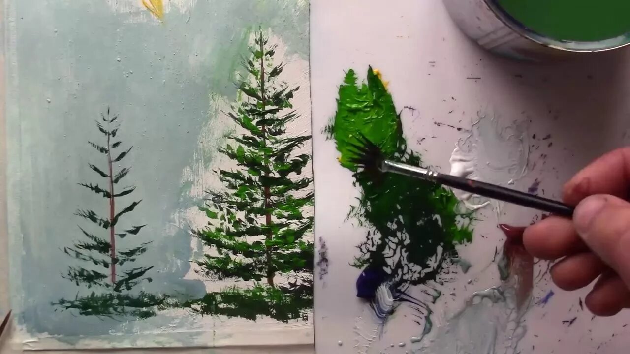 Елочка гуашью. Елочка красками кистью. рисование елки гуашью. рисование ели гуашью. рисование деревьев веерной кистью.