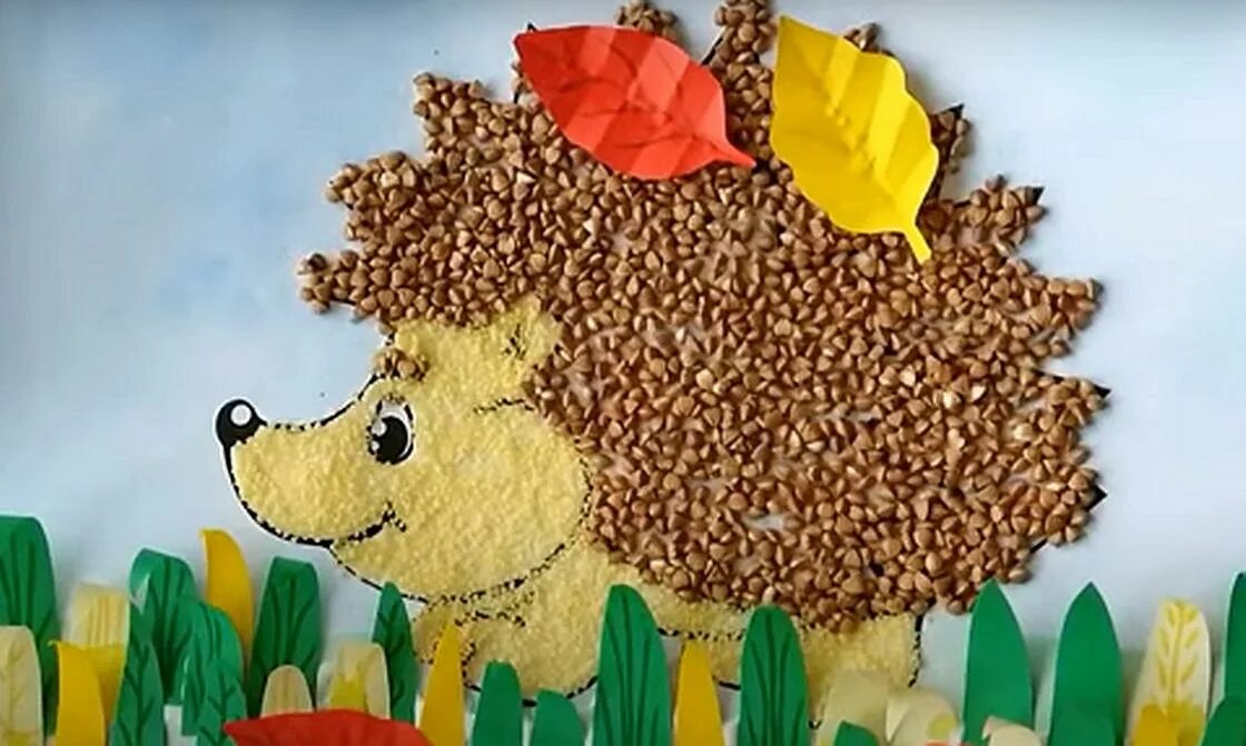 Ежик из гречки. Поделки из круп. ежик из крупы аппликация.