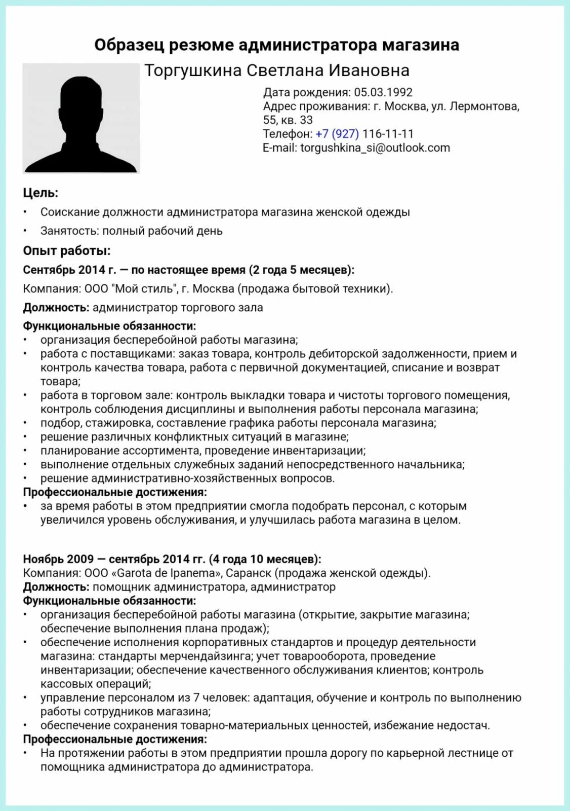 Профессиональный опыт работы пример