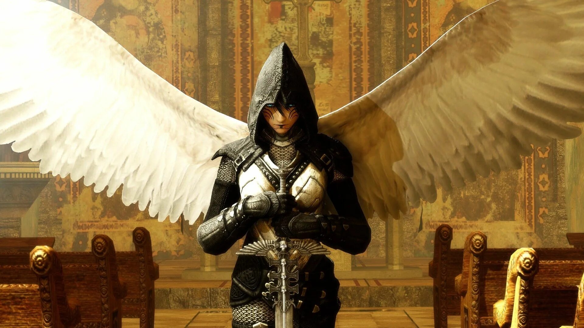 Крылатый рыцарь. Регинлейв Валькирия. Черный ангел. Воин с крыльями. Ангел в доспехах.