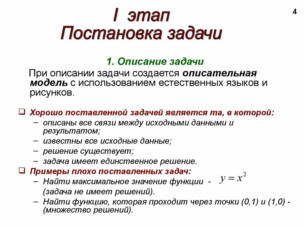 1 этап постановка задачи. Описание задачи. Описание задачи пример. Плохо поставленная задача. Описательный способ задания функции.