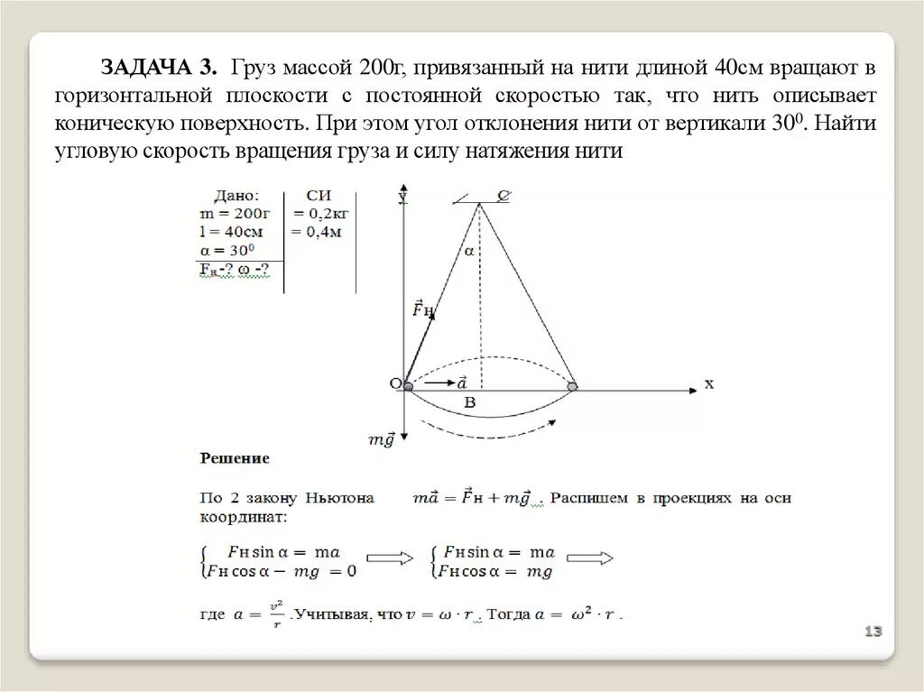 Конический маятник. Угол отклонения нити. Вращается в горизонтальной плоскости. Скорость вращения конического маятника.