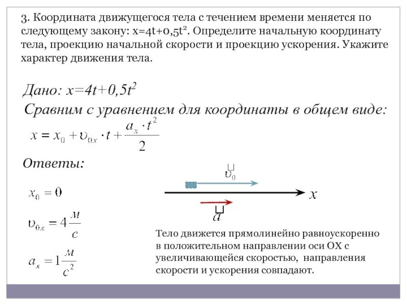 Скорость тела изменялась по закону. Формула координаты тела при равноускоренном прямолинейном движении. Координаты тела меняется по закону x =4t-t. Уравнение для координаты точки при равноускоренном движении. Формула координаты точки при равноускоренном движении.