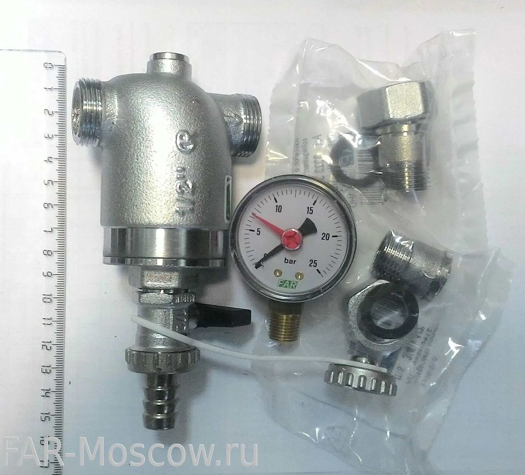 термостатический смеситель termo-far, вр 1/2". редуктор хром far 3/4". редуктор давления с фильтром и манометром. Far fa. фильтр far с манометром 1/2.