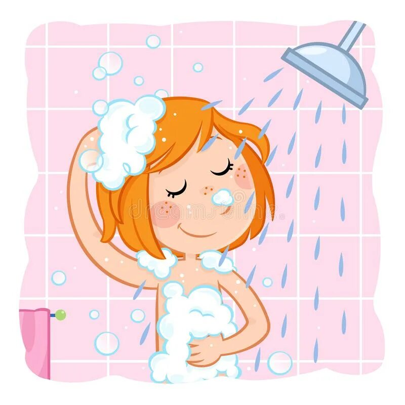 Have s shower. Девочка под душем мультяшная. Принятие душа картинки. Девоска моется для детей.