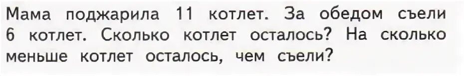 Мама поджарила 11 котлет. Мама поджарила 11 котлет за обедом съели 6 котлет сколько. Задача мама поджарила 11 котлет. На сколько меньше котлет осталось чем съели. Поджаришь наследуемый пересилишь