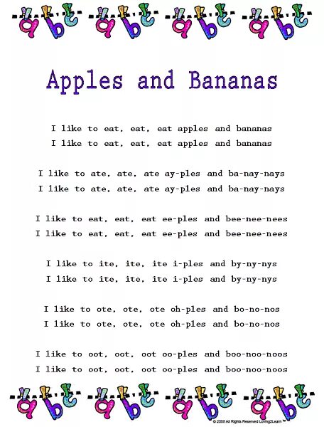 Like like песня английская. Песенка i like to eat Apples and Bananas. Текст песни банан. Песня про банан текст. Текст песни Bananas.