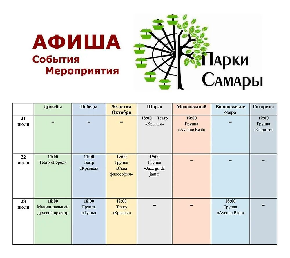 Семейный парк кинотеатр расписание. Самара афиша мероприятий. Афиша мероприятий в парке. Афиши мероприятий в парках. План мероприятий в парке.