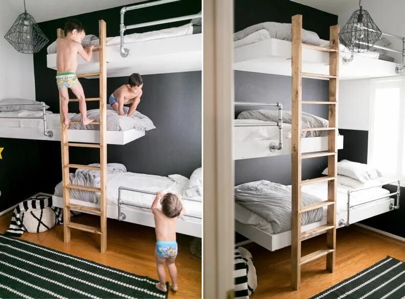 Обе на четверых. Комната для троих детей. Спальня для трех детей. Спальня для троих. Комната с тремя кроватями.