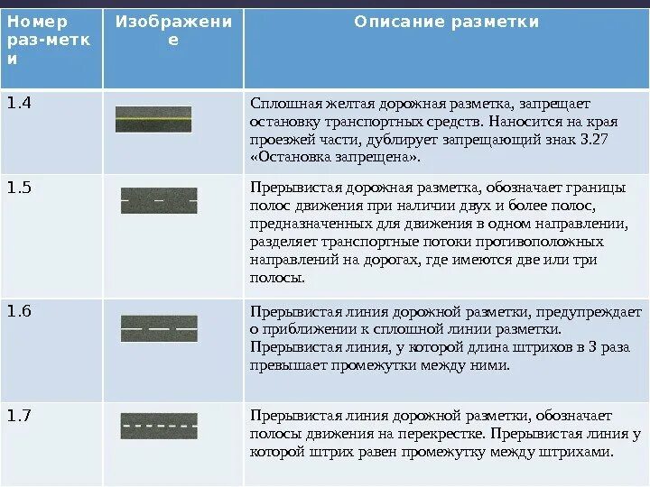 Линия 1. Сплошная с прерывистой линией разметки. 11 сплошная и прерывистая линия. 5. Прерывистая линия разметки.