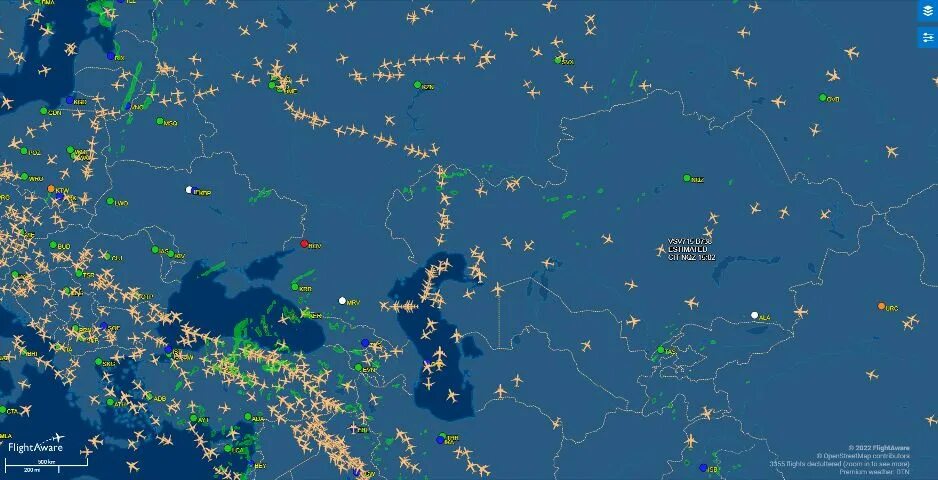 Воздушное пространство. Воздушное пространство Казахстана. Воздушное пространство Украины. Полёты самолётов в реальном времени.