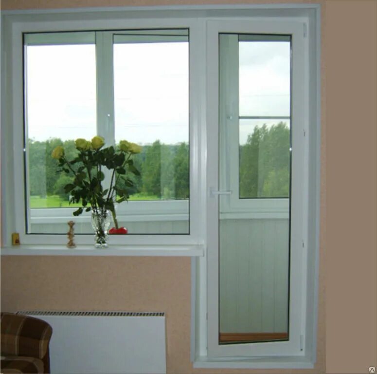 Пластиковое окно с дверью на балкон. Балконный блок 1400x2050. Дверь балконная ПВХ 68x210 см.