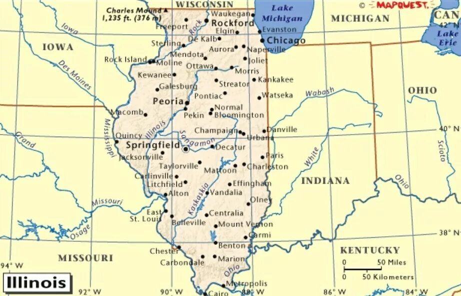 Штат Иллинойс на карте. Штат Иллинойс города на карте. Штат Иллинойс на карте США. Штат Иллинойс на карте США С городами.