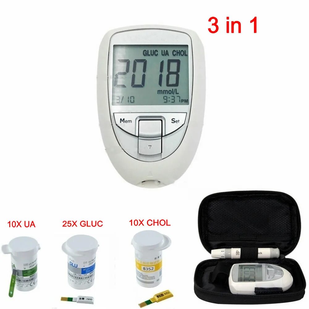 Глюкометр 3 в 1. Измеритель Глюкозы и холестерина. Прибор для измерения холестерина и сахара в крови. Портативный анализатор уровня холестерина крови с тест полосками.