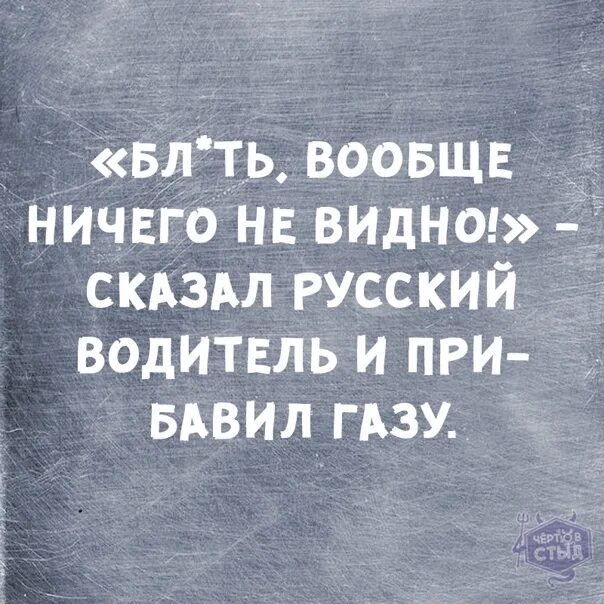 Ничего не видно сказал русский водитель и прибавил газу. Ничего не видно сказал водитель. Ничего не видно и прибавил газу. Ничего не видно сказал.