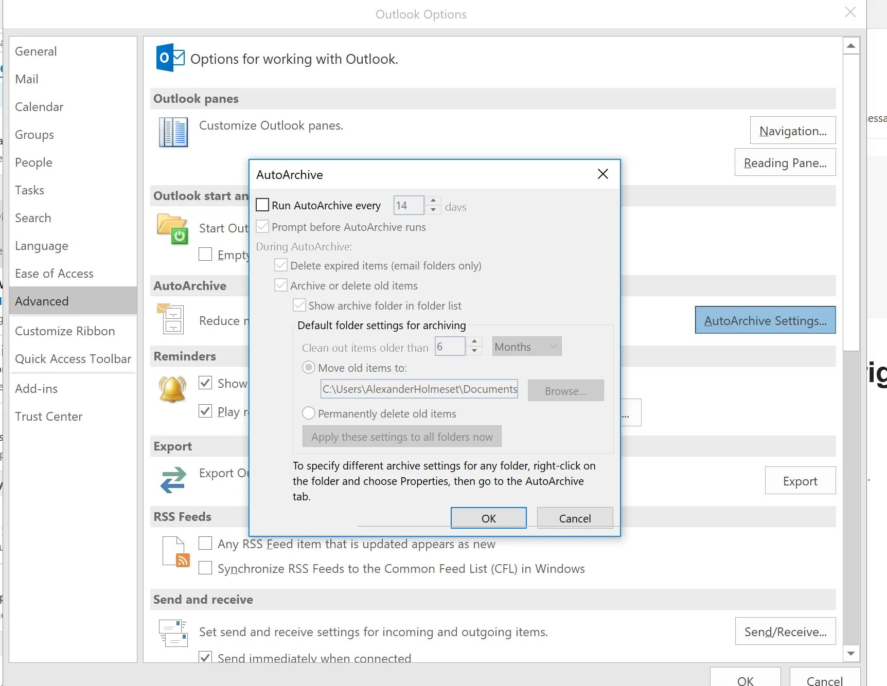 Outlook folders. Folder settings. Как выглядит воутлук. Send to Archive.