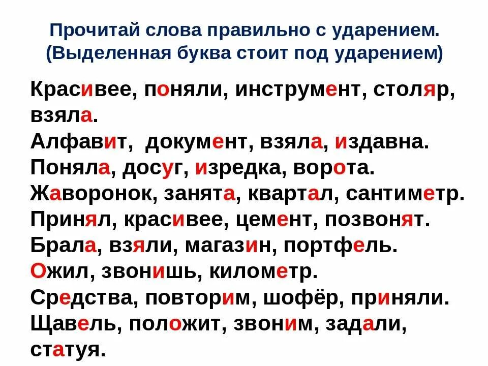 Правильное ударение в словах. Ударные слова. Постановка ударения в словах. Слог ударение. На какую букву падает ударение включим