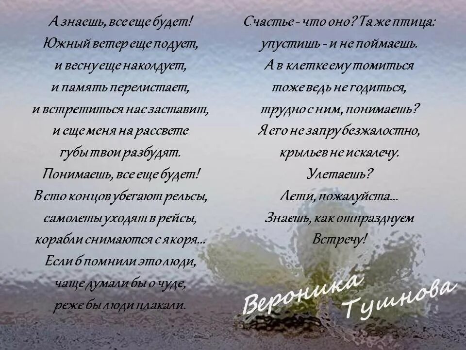 Текст все еще жив. А знаешь всё ещё будет текст. Всё ещё будет стихи Вероники Тушновой. Стих а знаешь все еще будет.