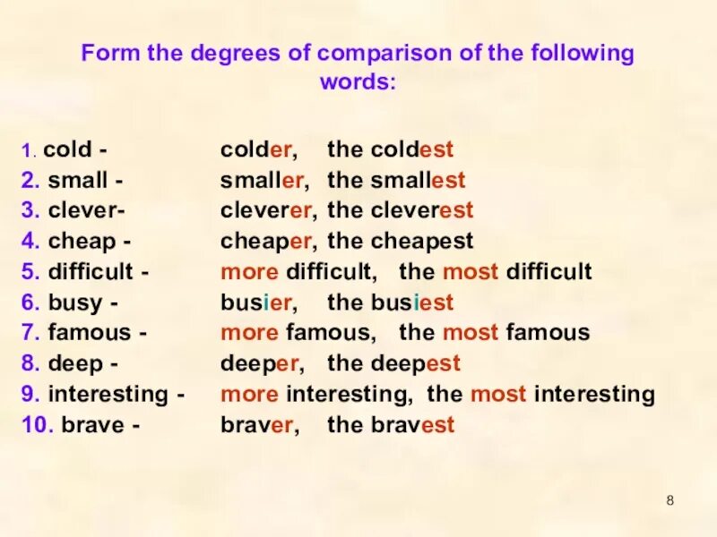 Degrees of Comparison of adjectives. Form the degrees of Comparison of the following Words. Degrees of Comparison правило. Сравнительная степень прилагательных в английском языке difficult. Comparative adjectives cold