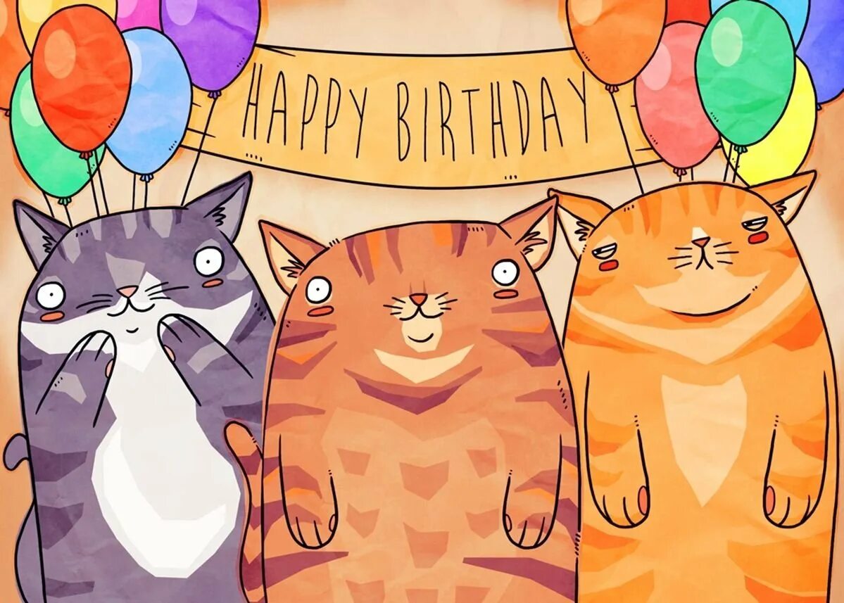 Смешные картинки с днем рождения. С днём рождения с котиками. Открытки с днём рождения с котиками. Смешные открытки с днем рождения. Котик поздравляет.
