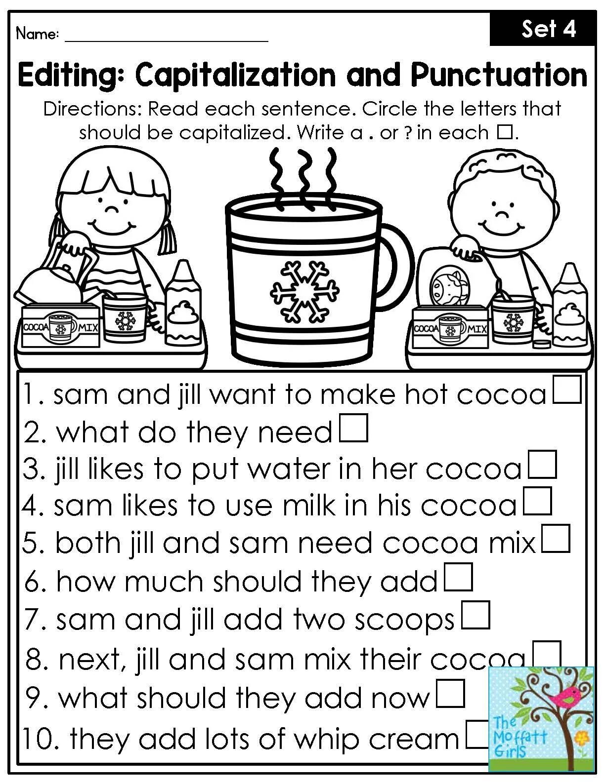 Lots of adding. Punctuation and capitalization. Capitalization and Punctuation Worksheets. Hot Chocolate Worksheet. The History of Chocolate Worksheet.