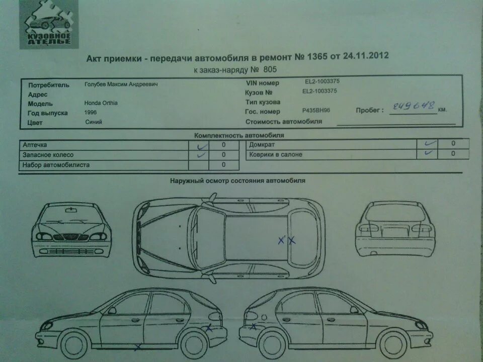 Бланк акта приема автомобиля