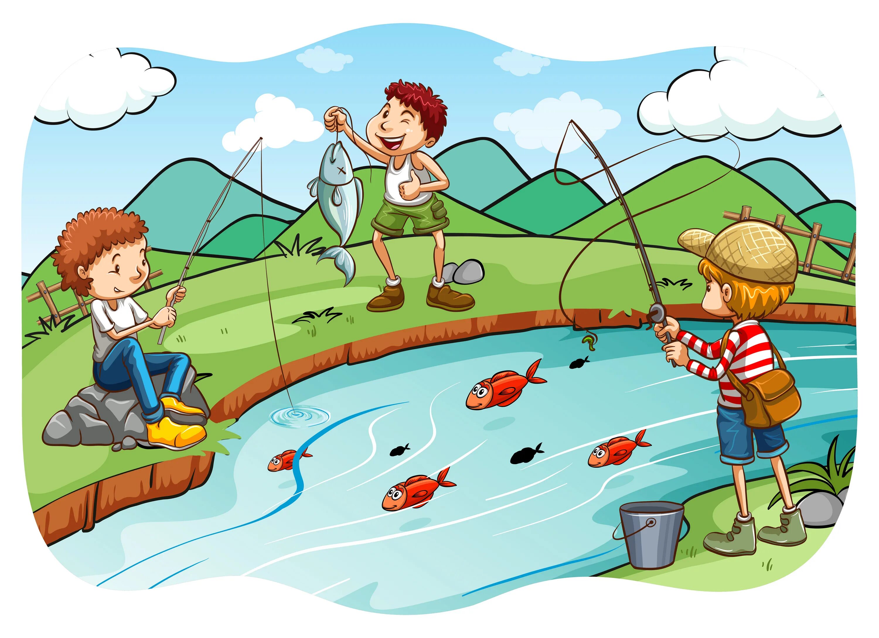 Дети на берегу реки. Сюжетная картина на реке. Лето дети рыбачат. Рыбалка рисунок для детей. Ловить людей играть