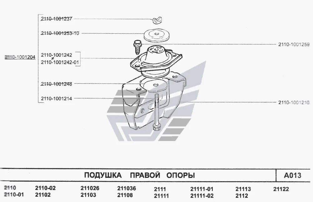 Подушки ваз 2110 схема Подвеска двигателя правая (ГУР) ВАЗ 2172
