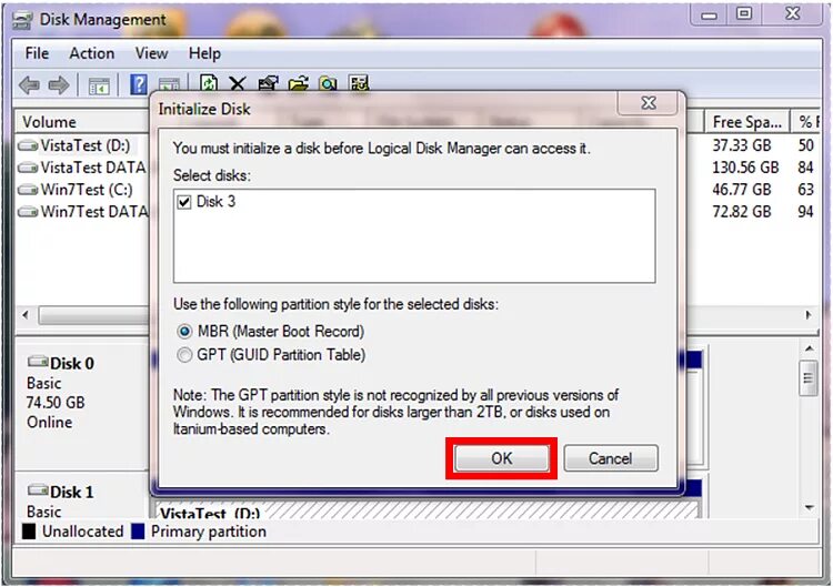 Initializing data. Disk Management. Windows 7 Disk Manager. Initialize. Disk not initialized.