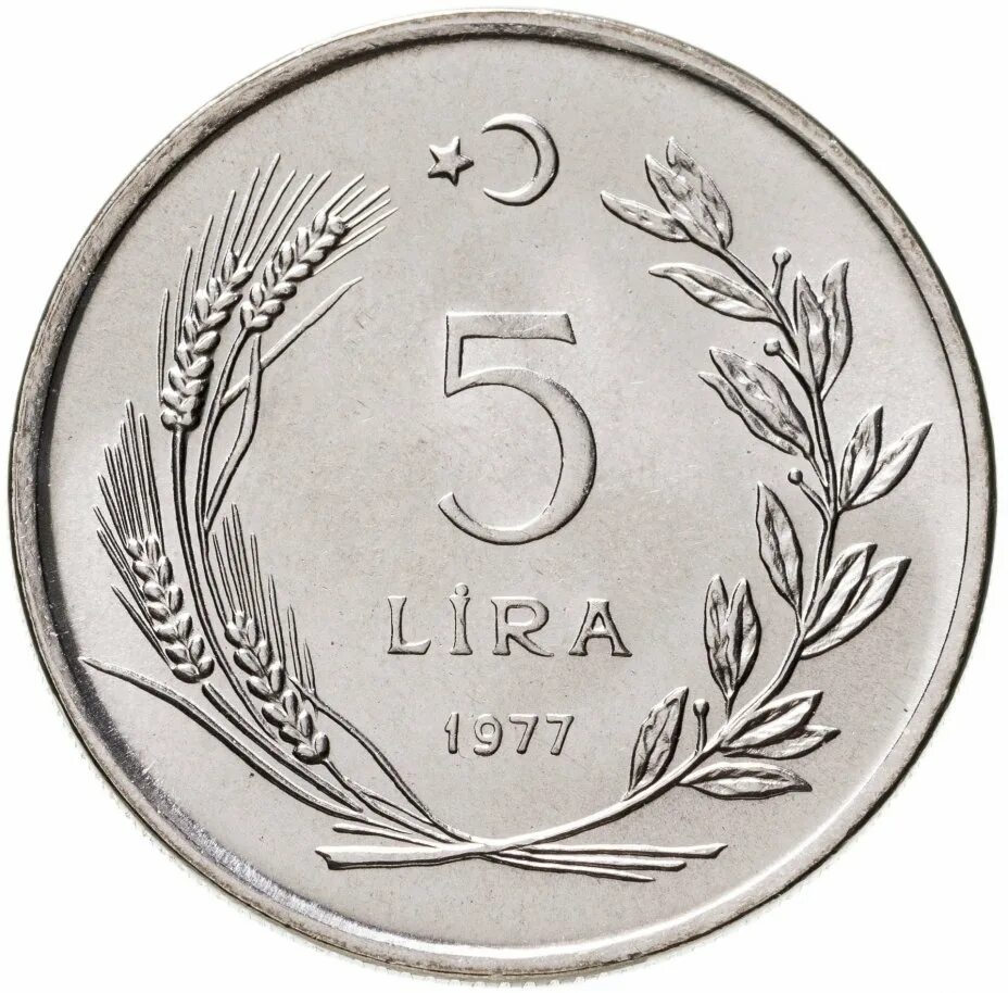 5 Лир Турция. Турция 5 лир, 1977. 5 Лир монета.