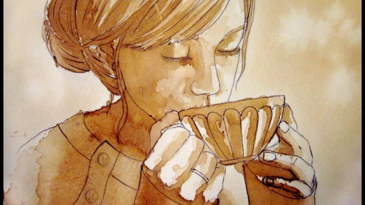 Рисунок пьем чай. Пьет кофе арт. Кофейная живопись. Утренний кофе живопись. Человек с чашкой кофе арт.