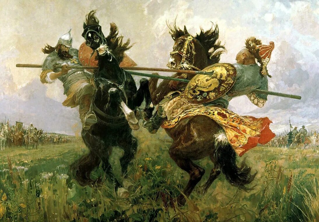 Куликовская битва битва пересвета с челубеем. Пересвет и челубей куликовская. Битва богатырей перед куликовской битвой. Кто сражался перед куликовской битвой. Пересвет и челубей куликовская битва картина.