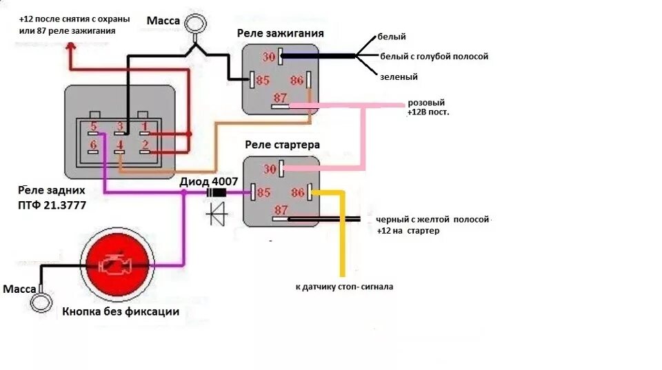 Подключение реле стартера ваз. Схема подключения реле включения стартера. Кнопка на стартер ВАЗ 2110. Схема подключения кнопки пуска стартера. Дополнительное реле на стартер ВАЗ 2110.