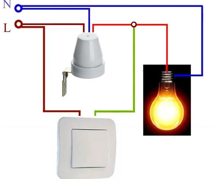 Включи свет сделать. Подключение датчика освещенности с выключателем. Детектор освещения схема подключения. Схема подключения датчика движения и фотореле для освещения. Датчик света день и ночь схема подключения с выключателем.
