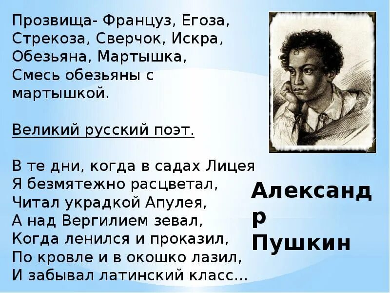 Читал охотно апулея. В те дни когда в садах лицея я безмятежно. Были ли прозвища у Пушкина. Почему у Пушкина была кличка сверчок. Пушки в те дни когда в садах лицея.