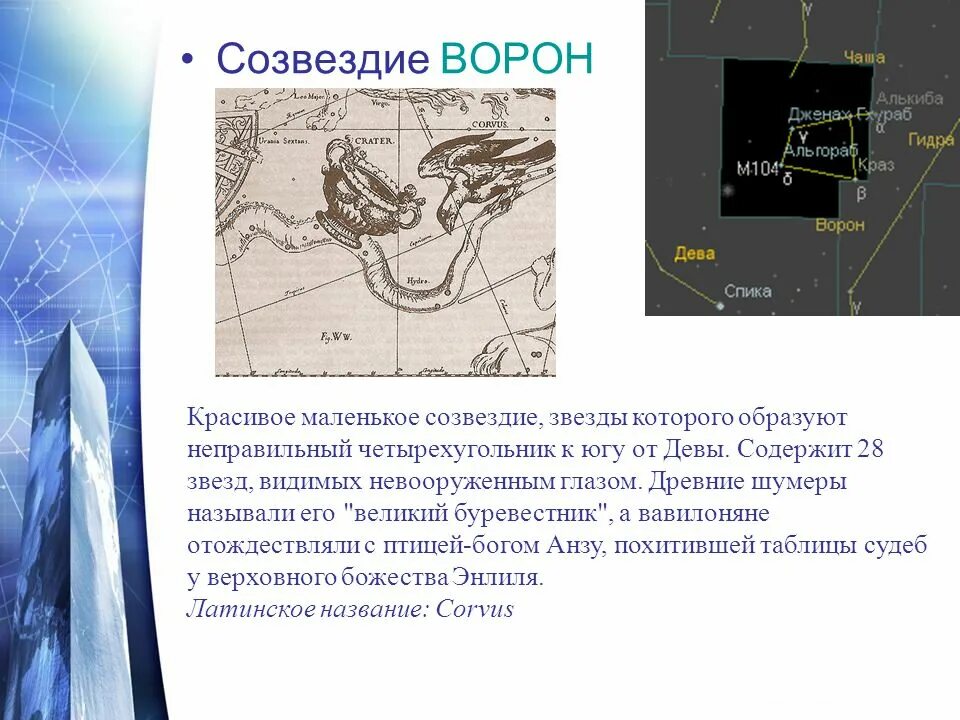 Созвездие ворон. Описание созвездия ворона. Легенда о созвездии ворона. Созвездие ворон на весеннем небе.