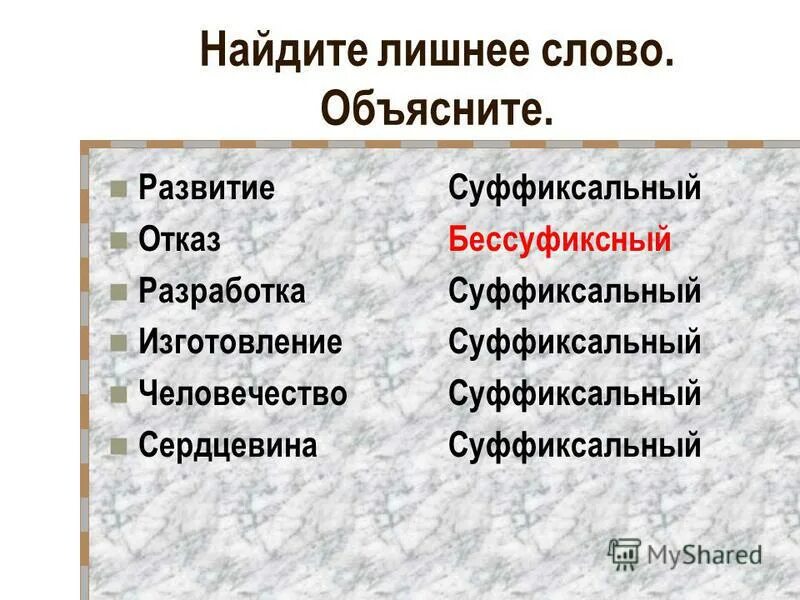 Суффиксальный способ образования слов. Суффиксальная универбация примеры. Приставочно суффиксальный разбор слова