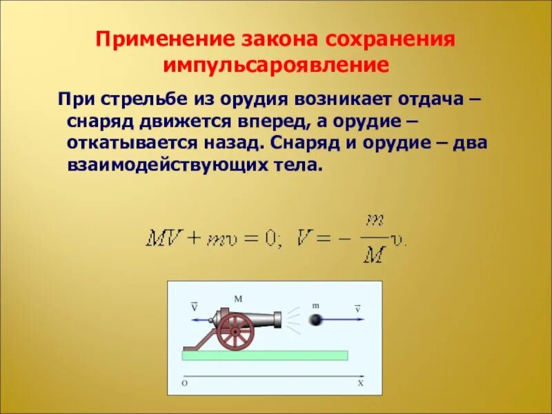 Скорость отката. Формула отдачи физика. Закон сохранения импульса. Закон сохранения импульса выстрел из пушки. Примеры сохранения импульса.