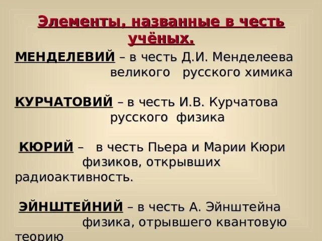 В честь чего названы элементы таблицы менделеева