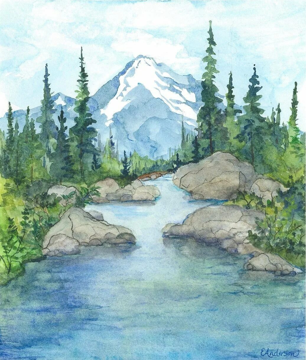Рисунок красивого озера. Пейзажи для срисовки. Рисунки для срисовки природа. Пейзаж цветными карандашами. Рисование горного пейзажа.