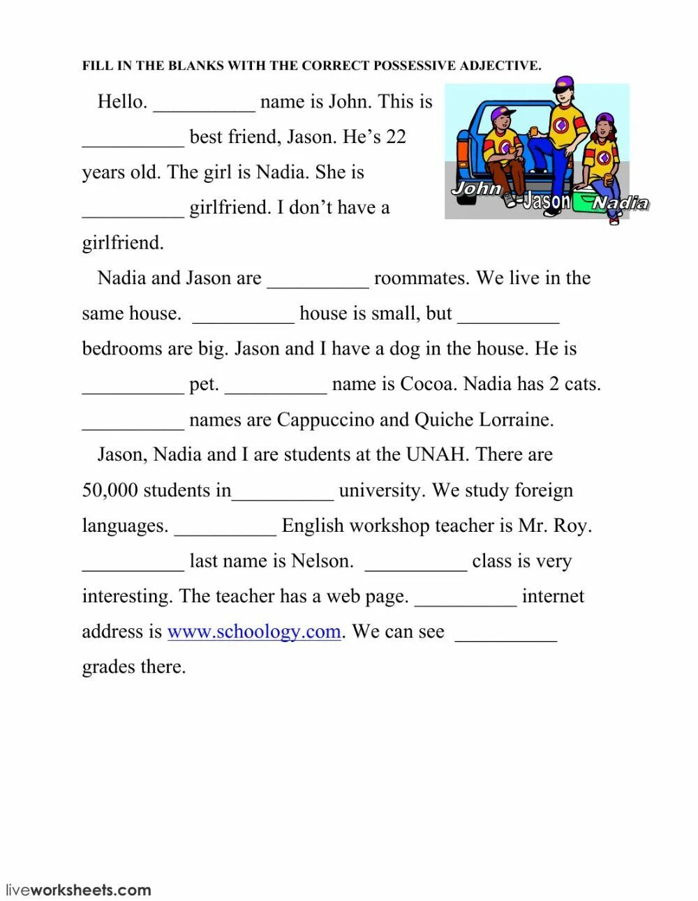 Fill in the correct possessive adjective. Possessive adjectives. Possessive adjectives fill in. Possessive adjectives Worksheets. Possessive pronouns reading Comprehension.