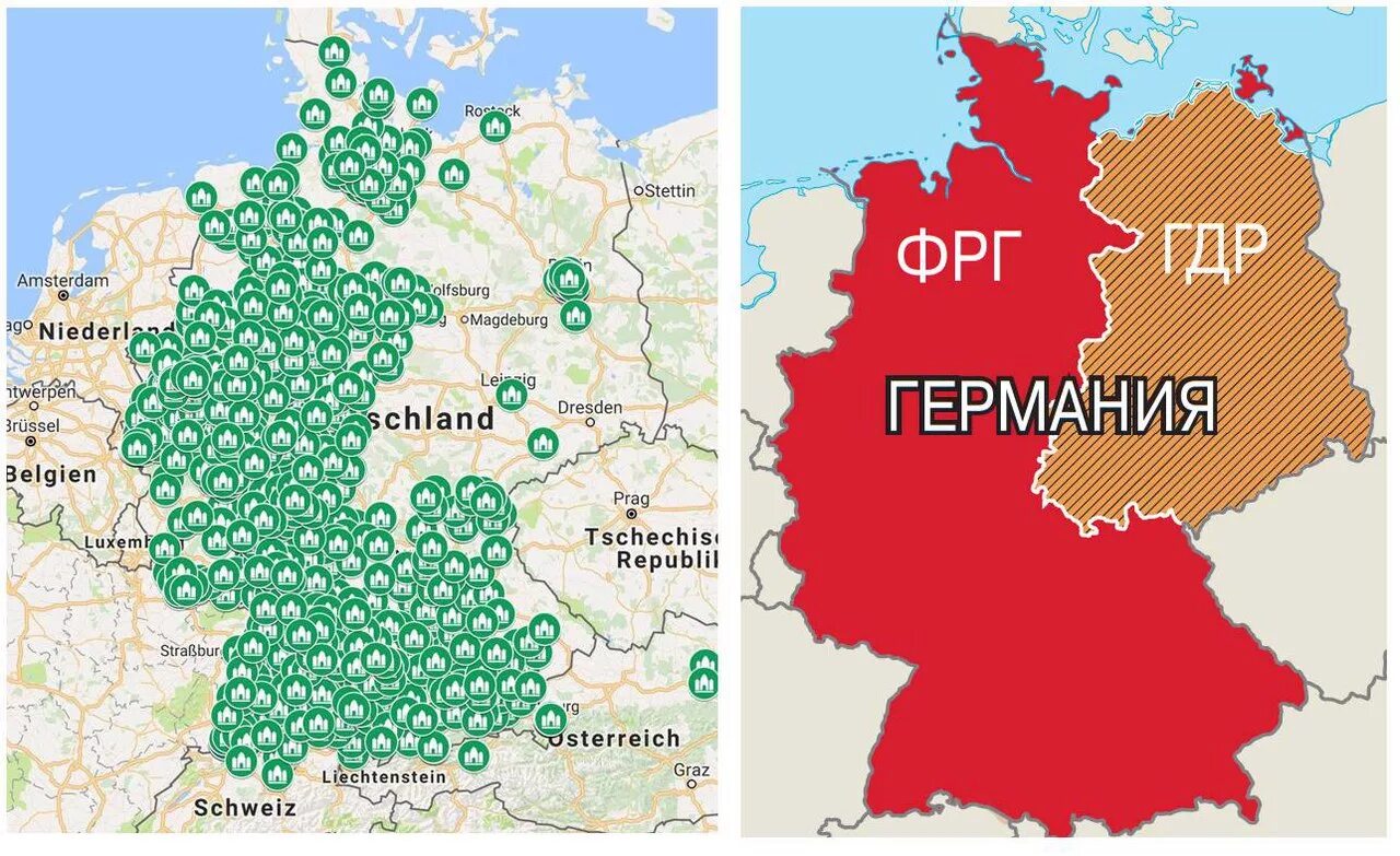 Германия где можно купить. Карта мечетей на территории ФРГ. Карта мечетей в Германии. ГДР на карте Германии. Германия Восточная и Западная Германия на карте.