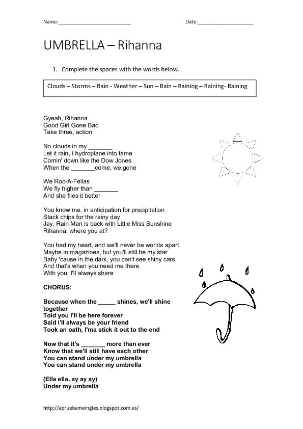 Umbrella текст. Umbrella Worksheets. Umbrella Rihanna Worksheet. Worksheet к песне. Raining man текст