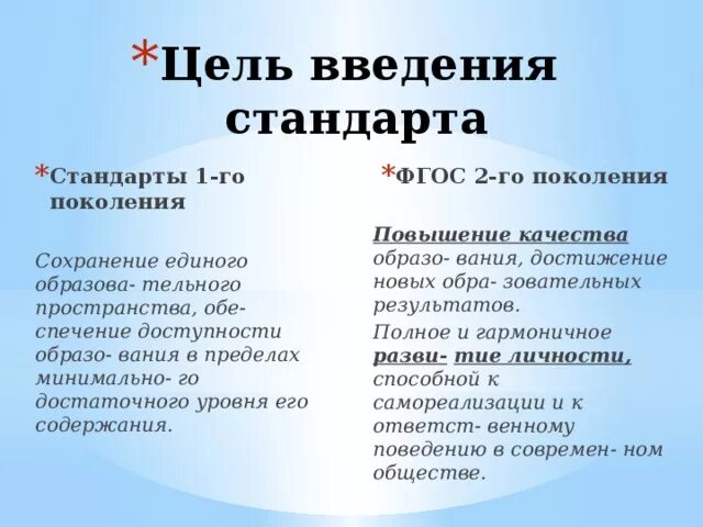 Новые отличает от новое. Стандарты ФГОС 2 поколения. Стандарты первого и второго поколения. ФГОС 1 И 2 поколения. Различия ФГОС первого и второго поколения.