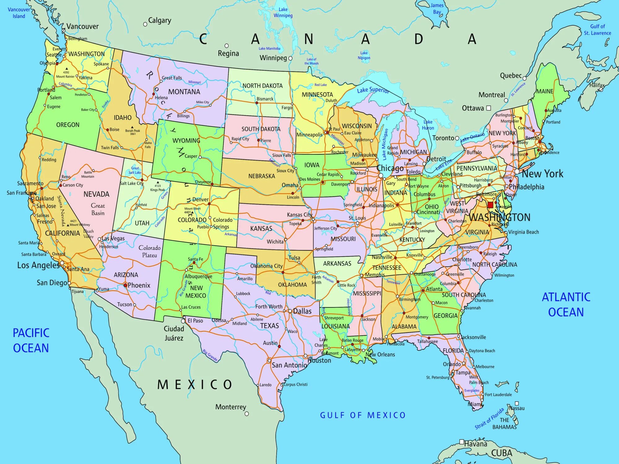 Самый западный город америки. Соединенные штаты Америки политическая карта. Штаты Америки карта Штатов. Границы Штатов США на карте. Карта Америки с границами Штатов.