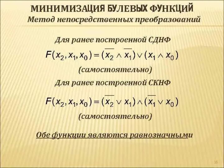 Методы минимизации функций. Минимизация СКНФ. Метод непосредственных преобразований. Метод непосредственных преобразований логических функций.. Минимизировать СДНФ.