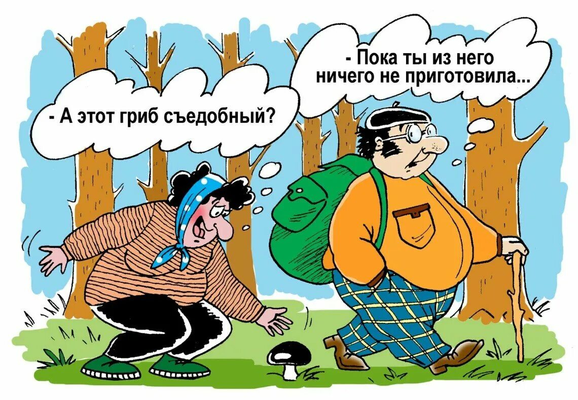Анекдот про большую. Приколы про грибников. веселые анекдоты в картинках. грибник карикатура. шутки про грибы.