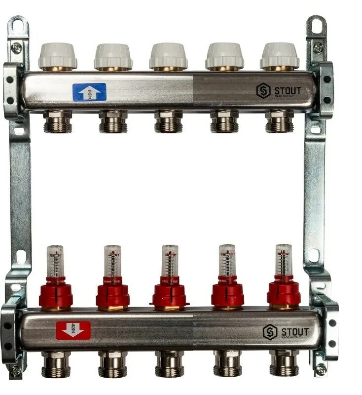 Коллекторная группа, 1"х3/4", 5 выходов. 04). Stout 5 выходов. Расходомер для коллектора стоут. Коллектор латунь 1"/3/4"x5 stout smb 0468 000005.